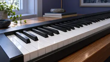 Illustrasjon av pianotangenter som strekker seg langs et bord ved et vindu.