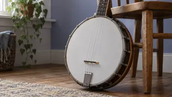 Illustrasjon av en banjo med rund kropp lent mot en stol.