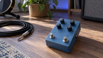 Illustrasjon av en blå gitarpedal med to fotbrytere og en løs jackkabel.