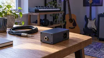 En liten DI-boks av metall med jack- og XLR-kontakter.