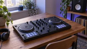 En kompakt DJ-kontroller med to joggehjul på et skrivebord.