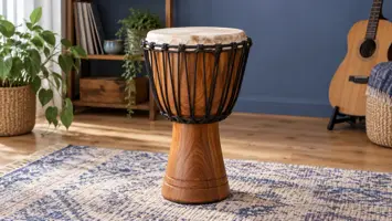 En djembe med trekropp, lyst skinn og taustemming.