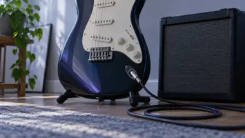 Illustrasjon av en elgitar, en liten forsterker og en kveilet kabel i et musikkhjørne.