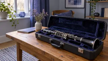Illustrasjon av en mørk klarinett med sølvfargede klaffer i et åpent etui.