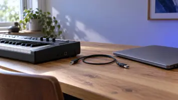 Illustrasjon av et keyboard, en lukket bærbar datamaskin og en løs USB-kabel.