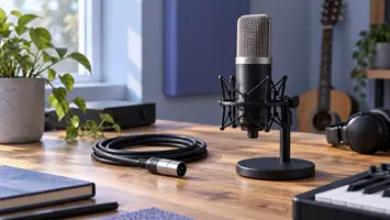 Illustrasjon av en studiomikrofon i oppheng ved en løs XLR-kabel.