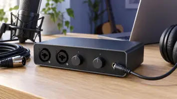 Illustrasjon av et lydkort med to innganger og hodetelefonkabel på et hjemmebord.
