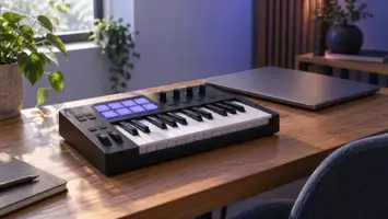 Illustrasjon av en MIDI-kontroller med tangenter, puter og knotter ved en lukket bærbar datamaskin.