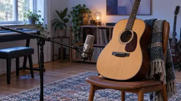 En mikrofon på bomstativ ved en akustisk gitar på en stol.