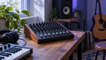 Et kompakt miksebord med knotter og fadere på et skrivebord.