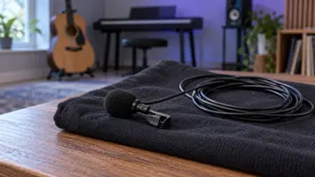 En liten myggmikrofon med klype og oppkveilet kabel på mørkt stoff.