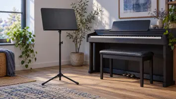 Et notestativ med tom noteholder ved et piano.