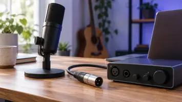 Illustrasjon av en mikrofon og et lydkort med en frakoblet XLR-kabel på bordet.