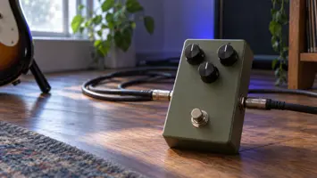 Illustrasjon av en enkel gitarpedal med tre knotter ved en instrumentkabel.