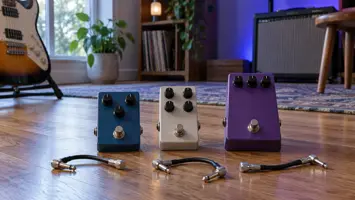 Tre gitarpedaler og løse patchkabler ved en gitar.