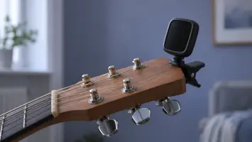 Illustrasjon av en klemstemmer festet på hodet til en gitar.