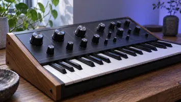 Illustrasjon av en kompakt synthesizer med tangenter og knotter på et trebord.
