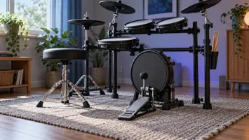 En trommepedal og basstrommepad på et teppe i et øvingshjørne.