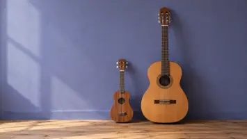 Illustrasjon av en ukulele og en klassisk gitar side om side.