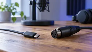 Illustrasjon av to separate kabelender med USB-C-plugg og XLR-kontakt.