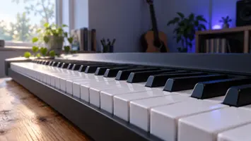 Illustrasjon av tangentforkanten på et digitalpiano sett fra en lav sidevinkel.