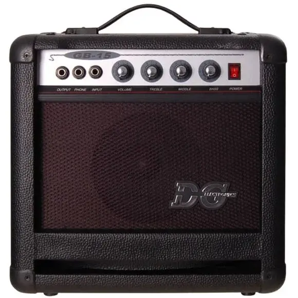 DG electronics GB-15 liten svart basscombo med bærehåndtak og kontrollpanel på toppen