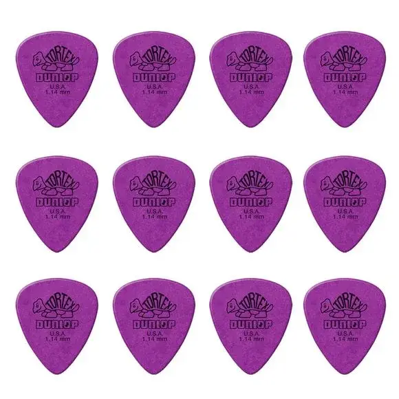 Tolv lilla Dunlop Tortex Standard-plektre merket 1,14 mm