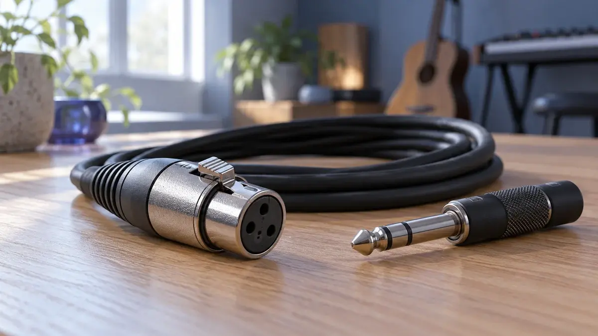 Illustrasjon av en XLR-kontakt og en TRS-plugg ved en kveilet lydkabel.