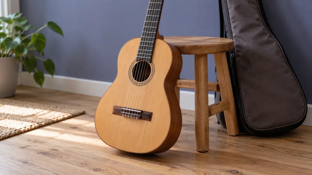 Illustrasjon av en liten klassisk gitar i barnestørrelse ved en lav krakk.