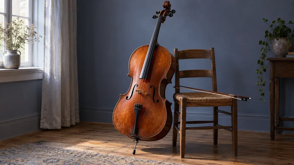 Illustrasjon av en cello ved en stol med buen på setet.