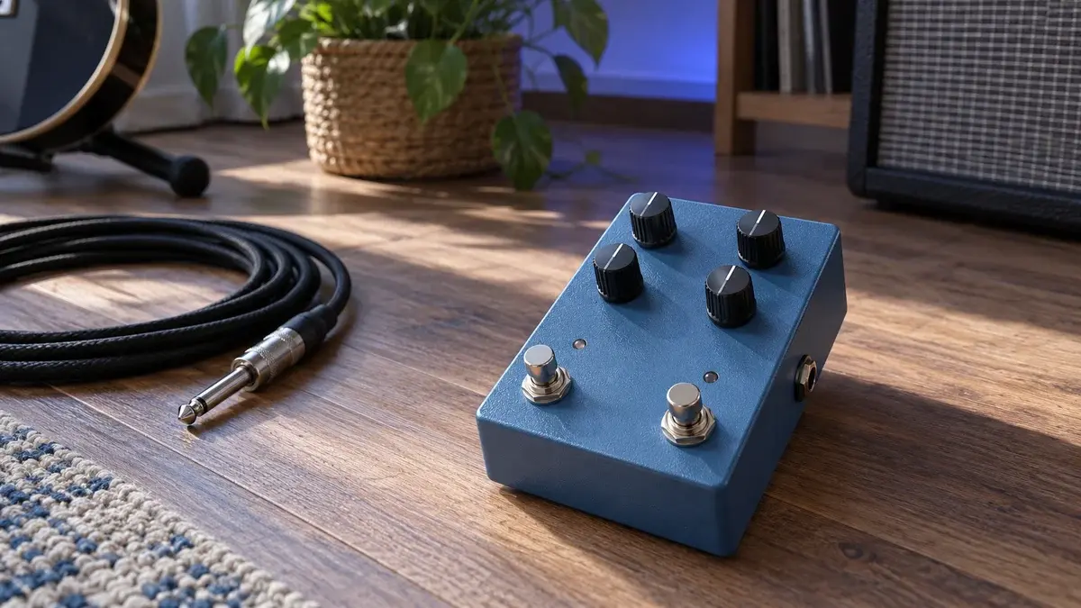 Illustrasjon av en blå gitarpedal med to fotbrytere og en løs jackkabel.