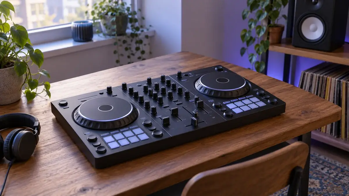 En kompakt DJ-kontroller med to joggehjul på et skrivebord.