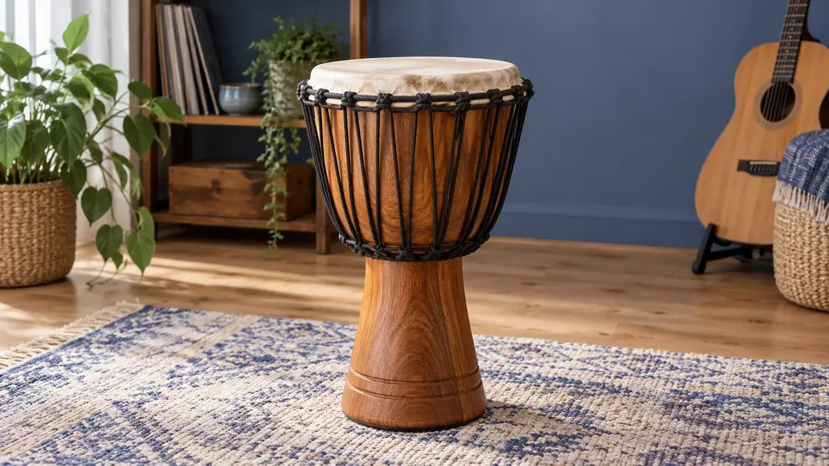 En djembe med trekropp, lyst skinn og taustemming.