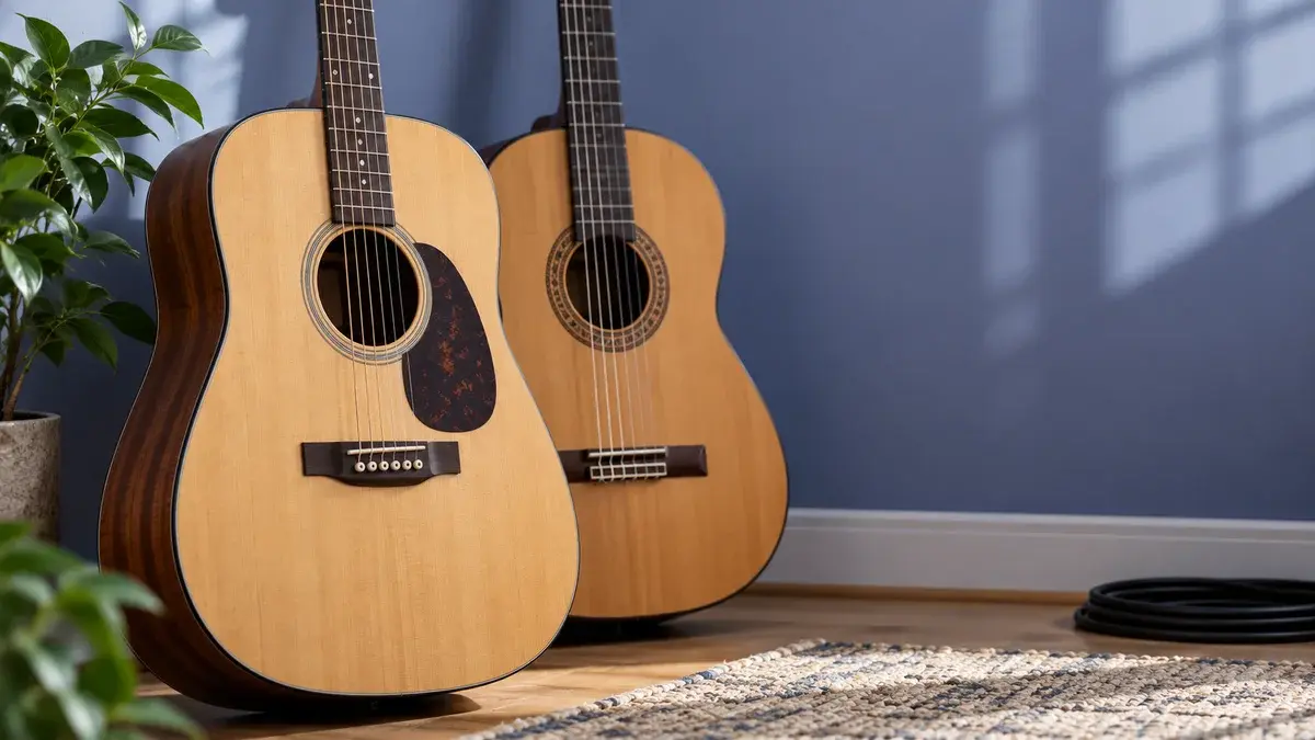 Illustrasjon av en stålstrengsgitar og en klassisk gitar i et lyst musikkhjørne hjemme.