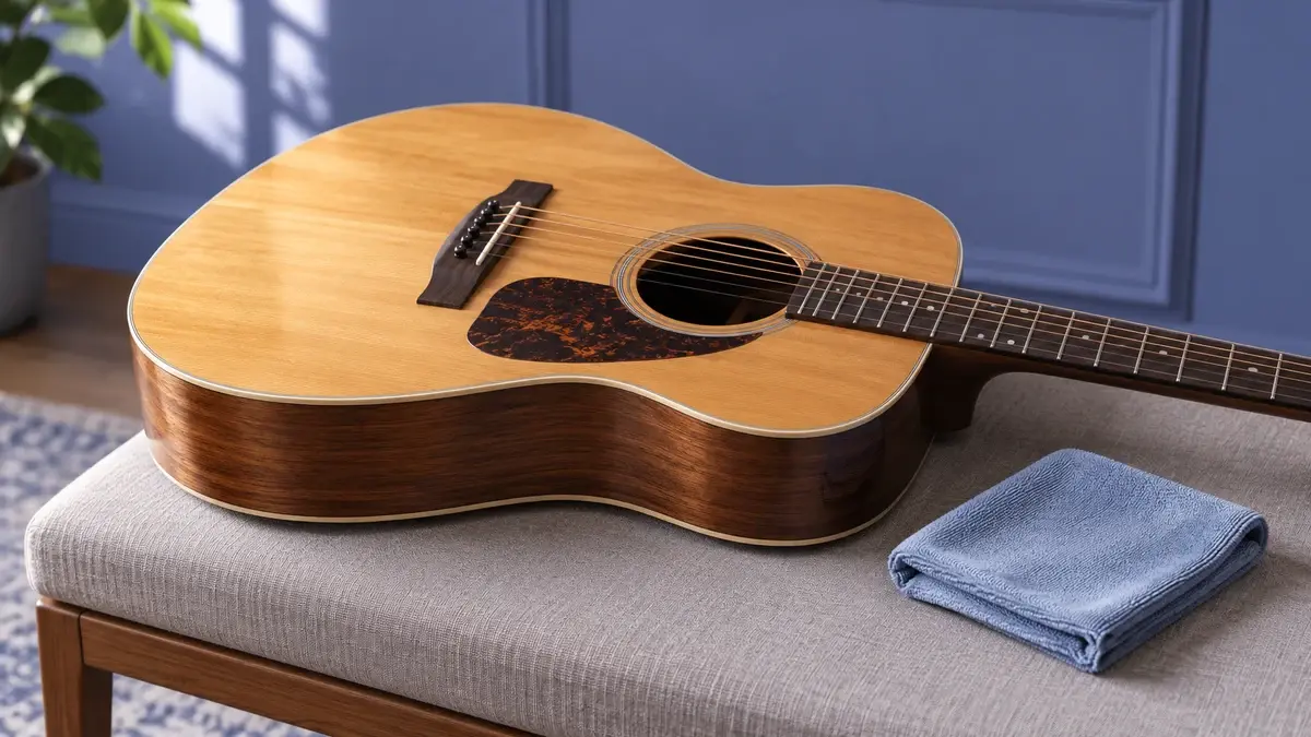 Illustrasjon av en gitar og en tørr klut i et lyst musikkhjørne hjemme.