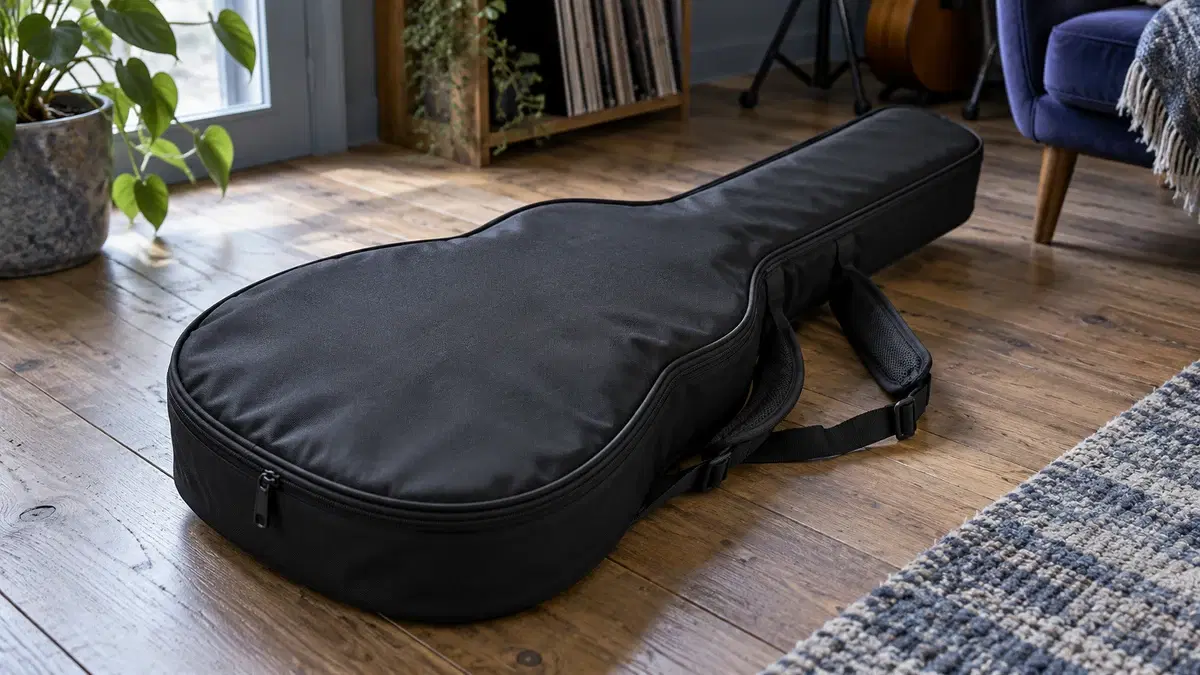Illustrasjon av en lukket, polstret gitarbag på et tregulv hjemme.