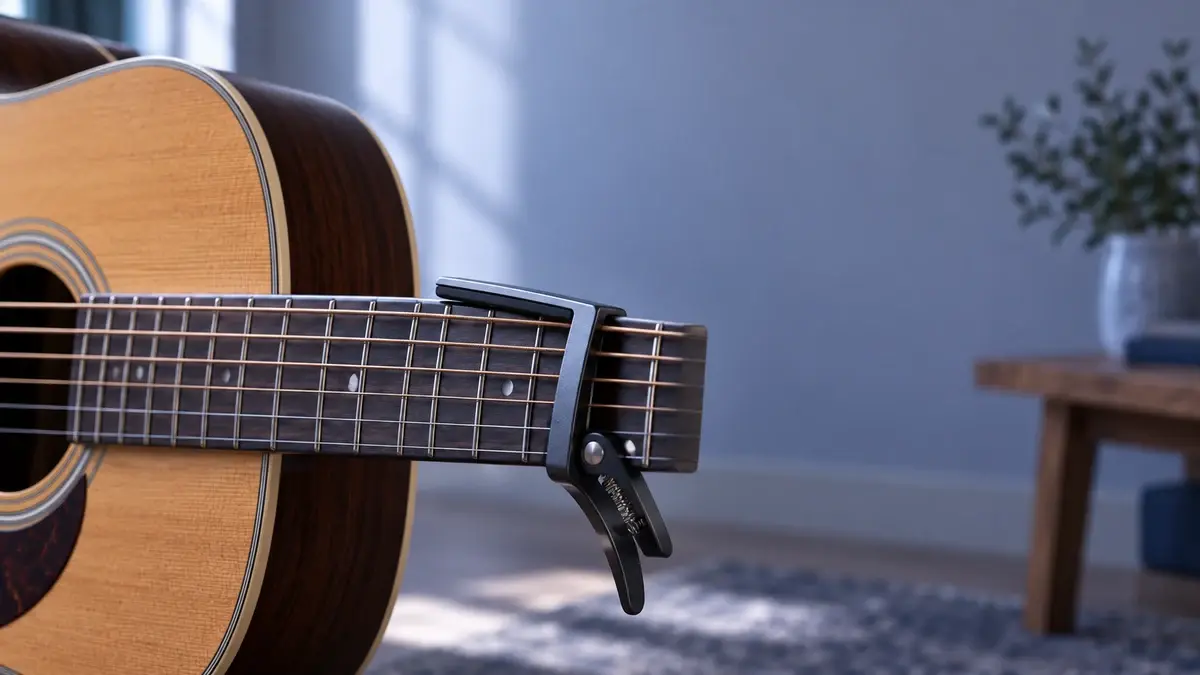 Illustrasjon av en capo over strengene på en akustisk gitar.