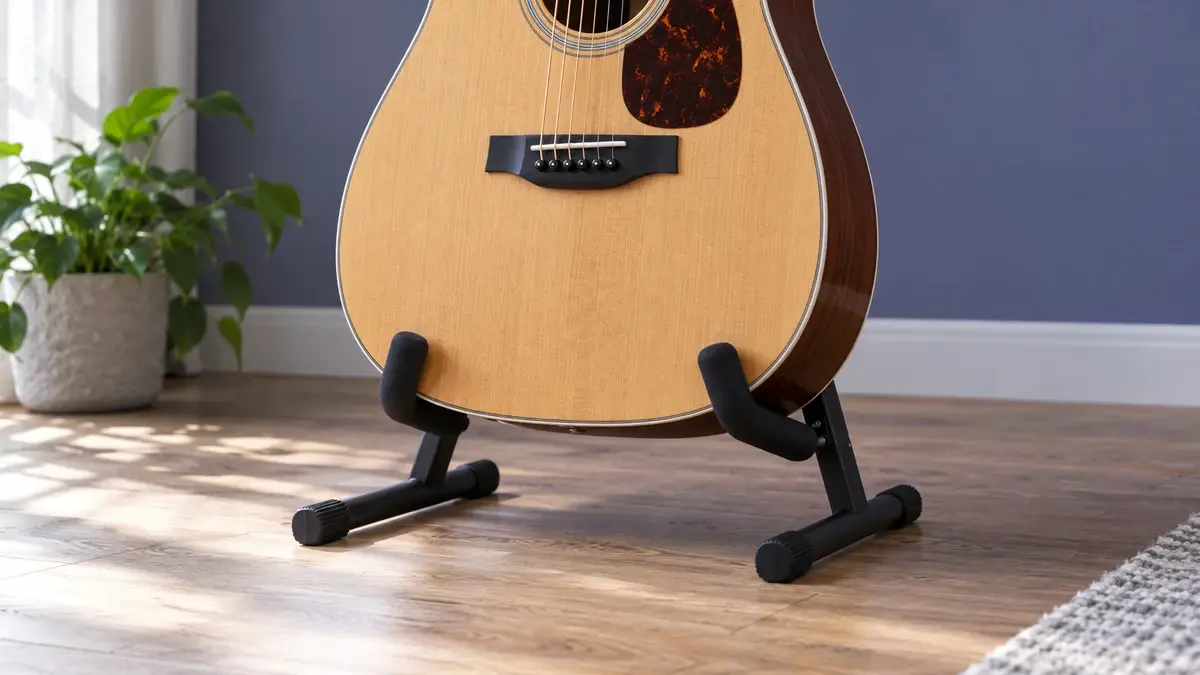 Illustrasjon av en akustisk gitar som står i et polstret gulvstativ.