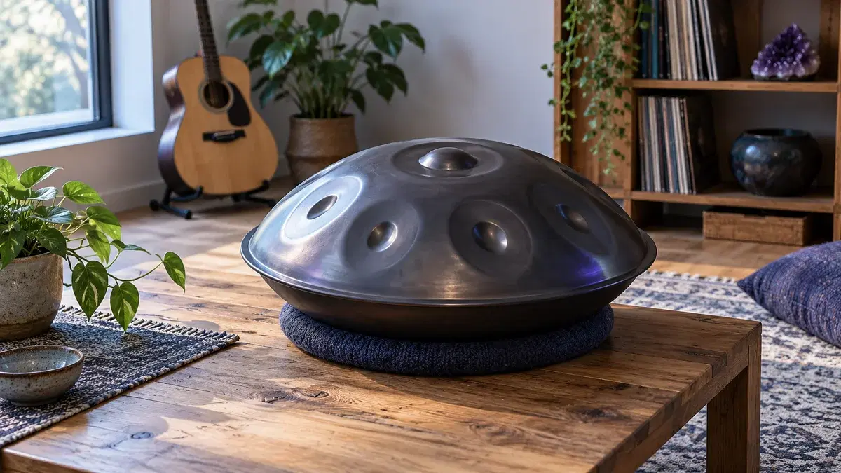En handpan av mørkt metall på en myk ringpute.