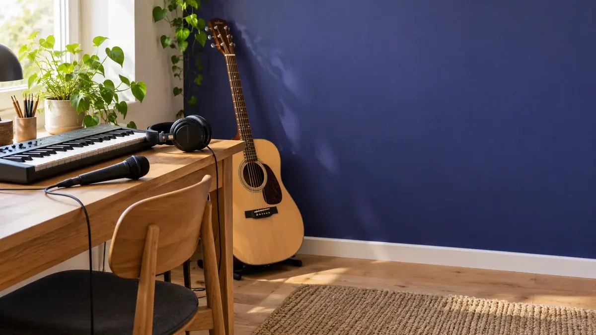 Illustrasjon av gitar, keyboard, mikrofon og hodetelefoner i et lyst musikkhjørne hjemme.