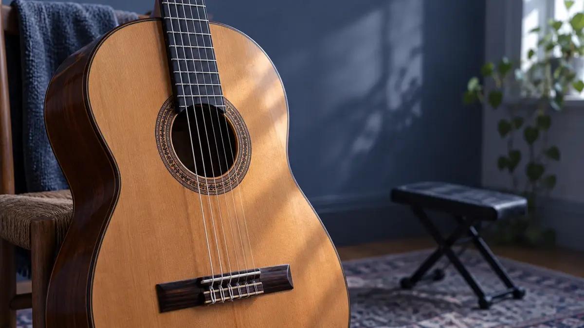 Illustrasjon av en klassisk gitar med bredt gripebrett og en fotstøtte i bakgrunnen.