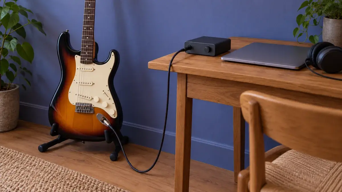 Illustrasjon av en elgitar koblet til et lite lydkort og en bærbar PC på en pult.