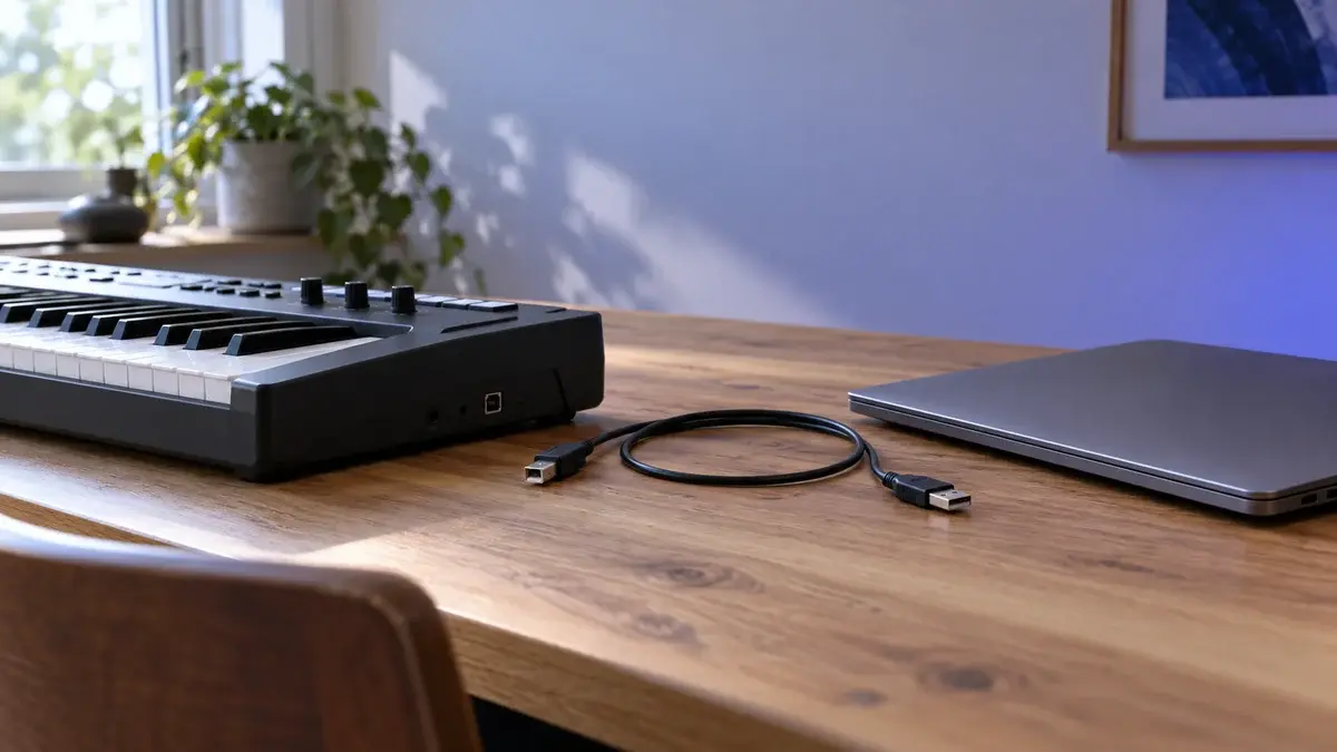 Illustrasjon av et keyboard, en lukket bærbar datamaskin og en løs USB-kabel.