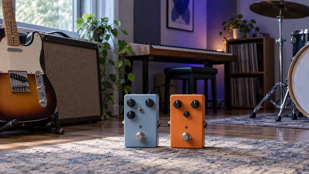To effektpedaler med ulike knotter foran en gitarforsterker.
