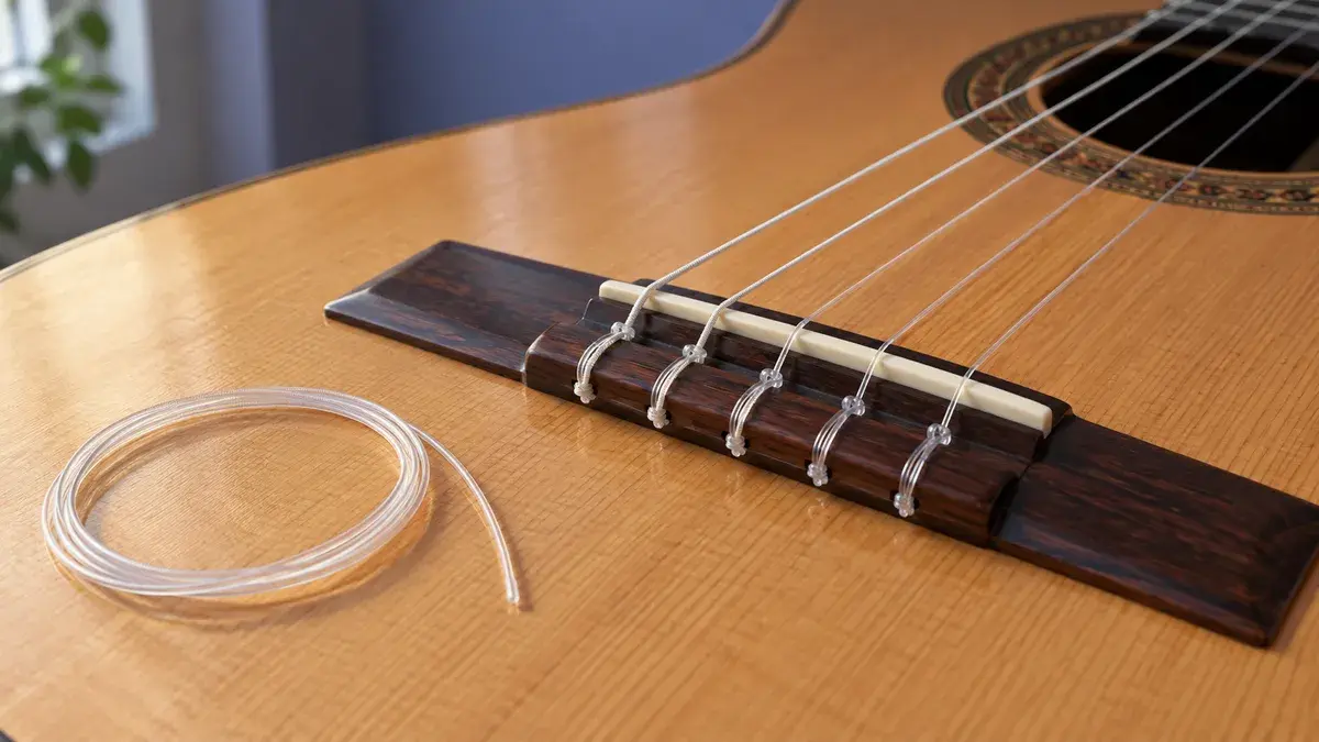 Illustrasjon av nylonstrenger knyttet i stolen på en klassisk gitar.