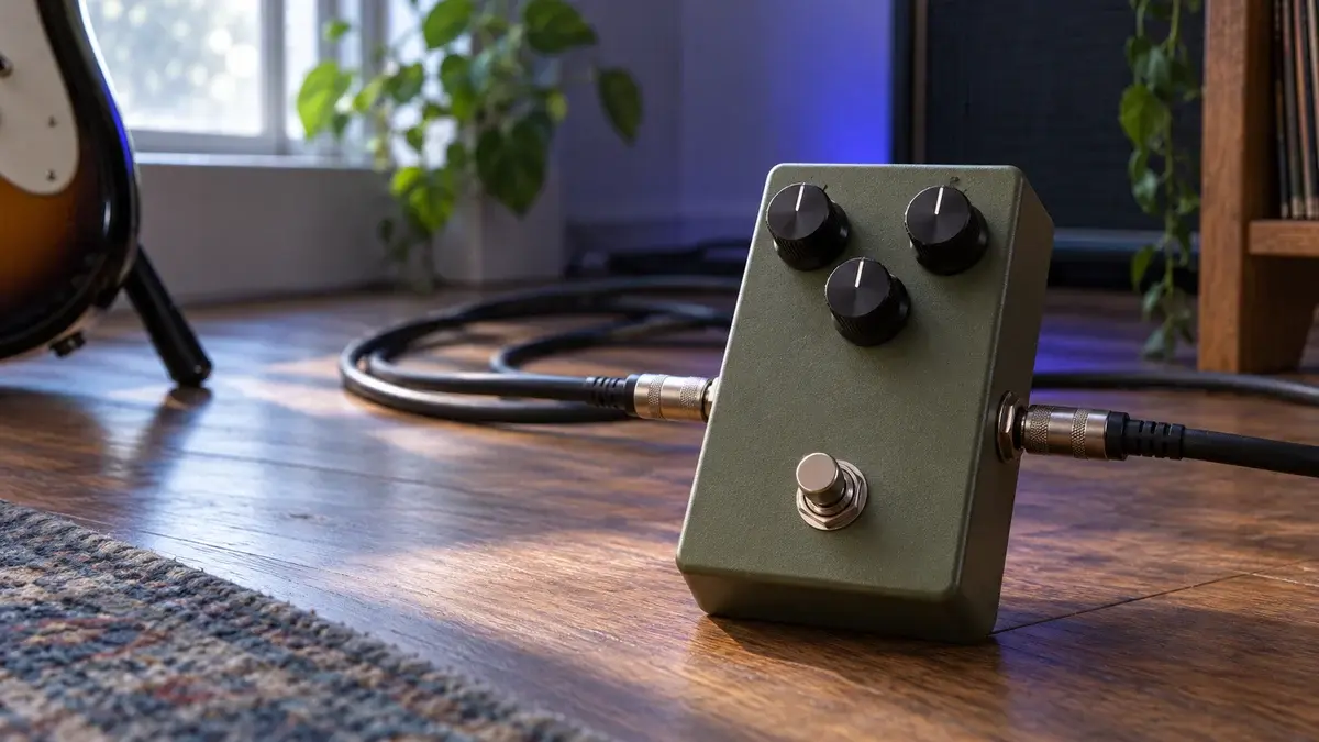 Illustrasjon av en enkel gitarpedal med tre knotter ved en instrumentkabel.