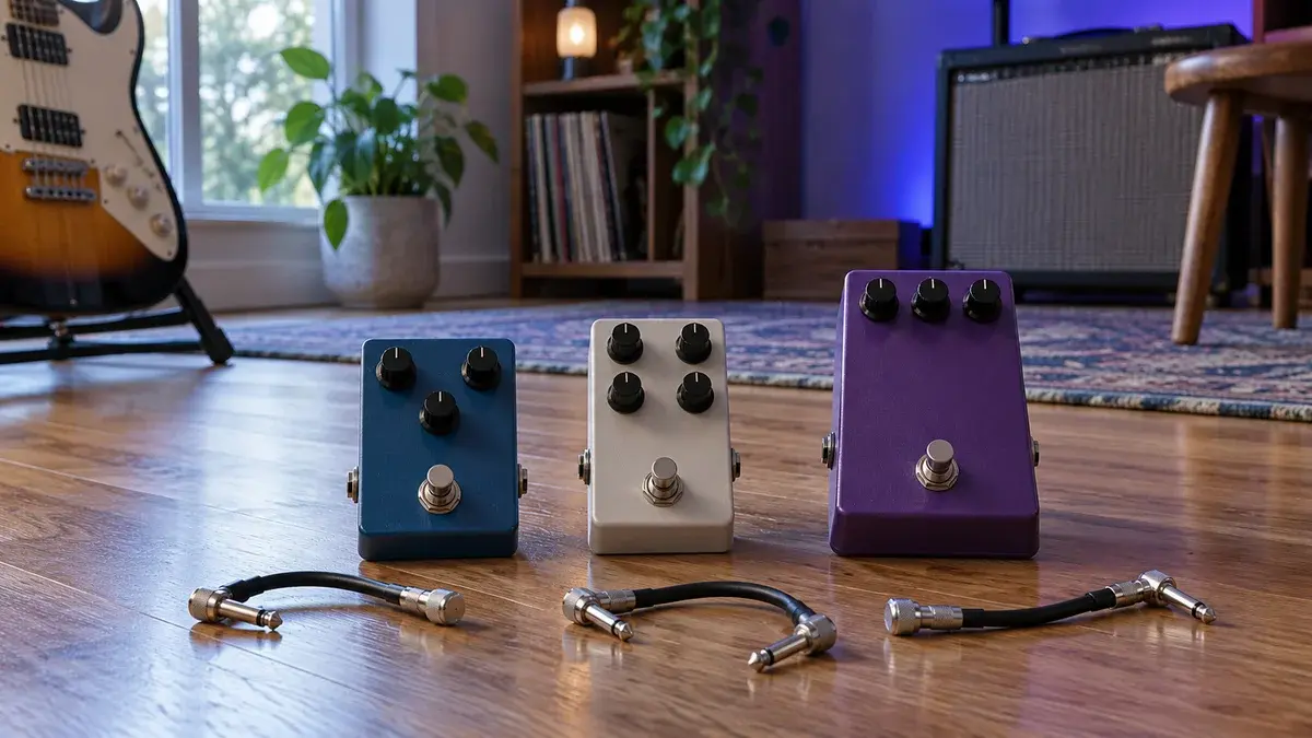 Tre gitarpedaler og løse patchkabler ved en gitar.