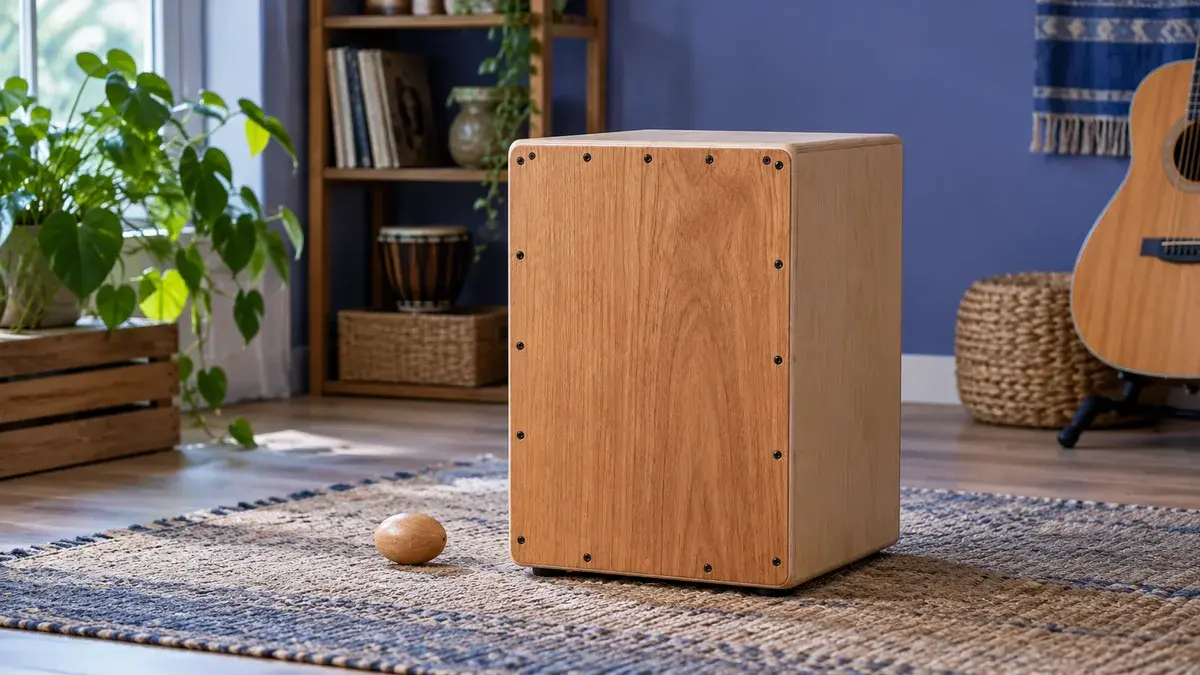 Illustrasjon av en cajon og en liten eggshaker på et teppe i et musikkhjørne.