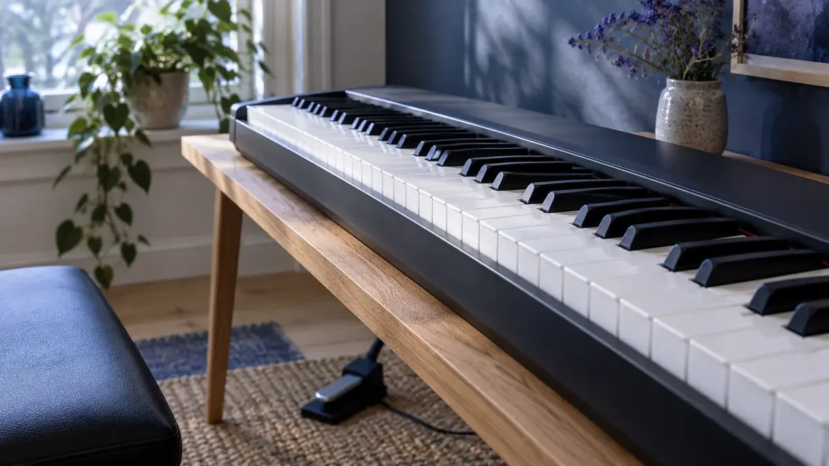 Illustrasjon av tangenter og en pedal ved et trebord i et lyst musikkhjørne hjemme.