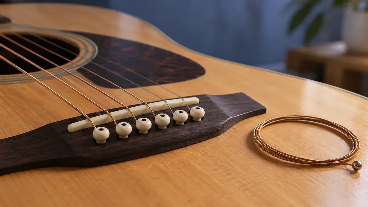 Illustrasjon av stålstrenger og stolpinner på en akustisk gitar.
